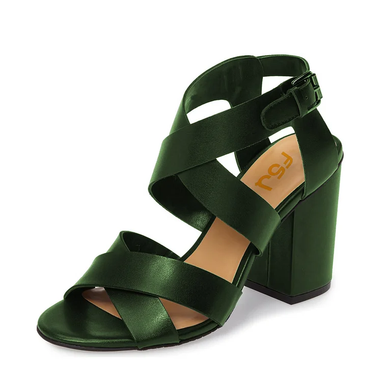 Green Block Heel Sandals Open Toe Crossover Strap Party Shoes |FSJ Shoes
