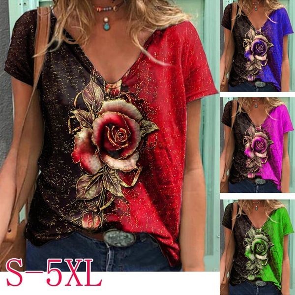 XS-5XL Plus Size Fashion Women Summer V-neck Print T-shirt Casual Short Sleeve Flower Plant Scenery Tops Tee - Shop Trendy Women's Clothing | LoverChic