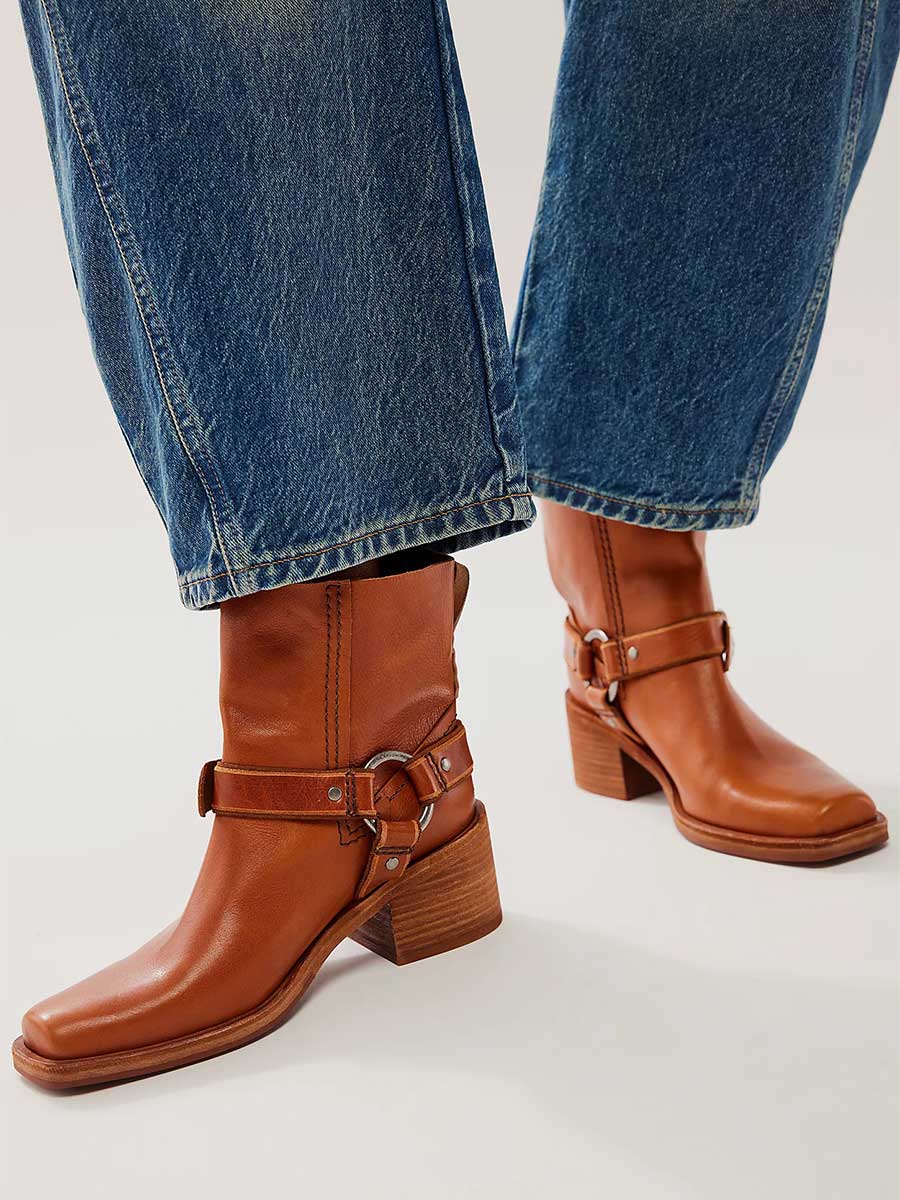 Tan Square Toe Ring Buckle Decor Biker Ankle Boots with Chunky Heels