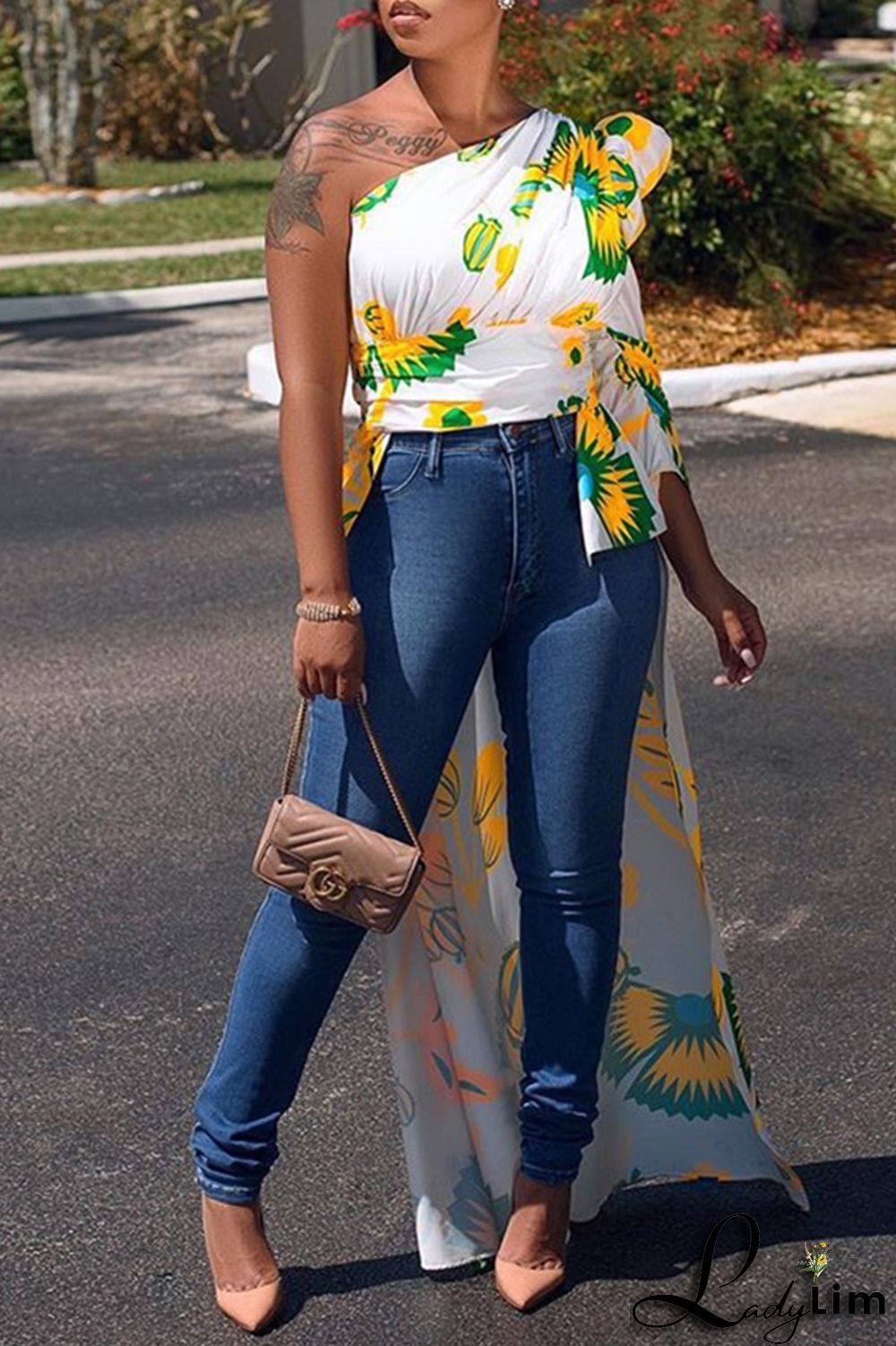 White Fashion Casual Print Backless Asymmetrical Oblique Collar Tops