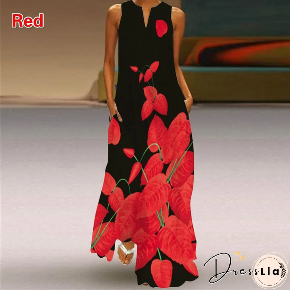 Butterfly Print Loose Beach Maxi Dress Summer Womens Fashion Sleeveless V-neck Boho Dress