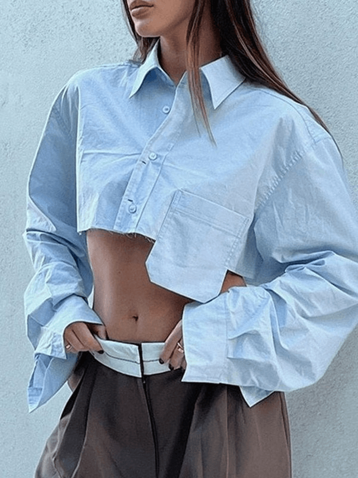 Pocket Patch Cropped Long Sleeve Blouse