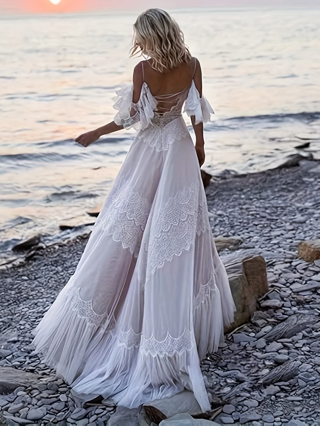 Women's Suspender Wedding Dress Zipper Chic Lace Evening Dress V-Neck Pleated Sleeve Beach Bohemian Outdoor Small Trailing Wedding Dress | IFYHOME