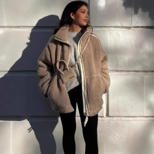 Nigikala Nigikala Hair Women's Autumn And Winter New Women's Solid Color Lazy Wind High-Collar Coat Warm Female Coat