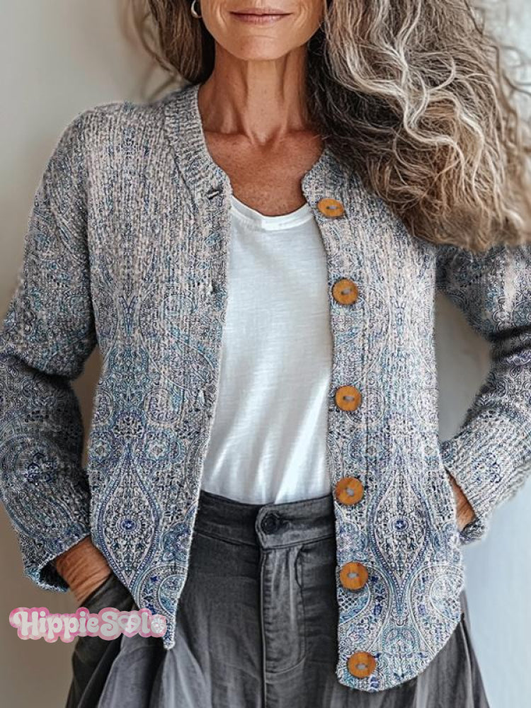 Women’s Vintage Gradient Paisley Pattern Print Buttoned Cardigan Sweater Multicolor / S