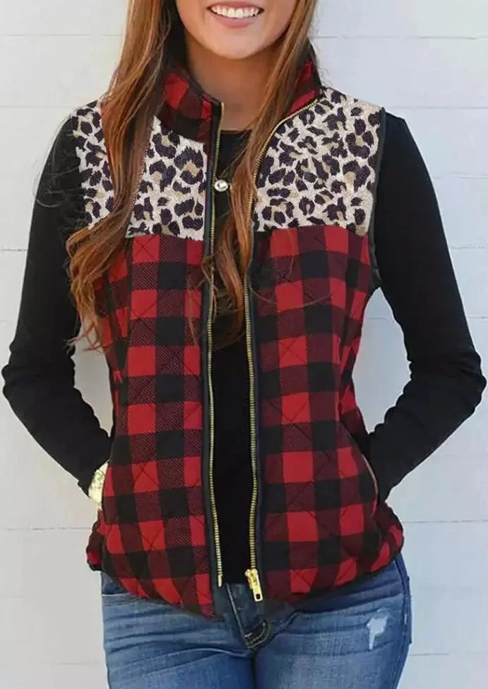 Western Red Plaid & Leopard Print Stitching  Vest