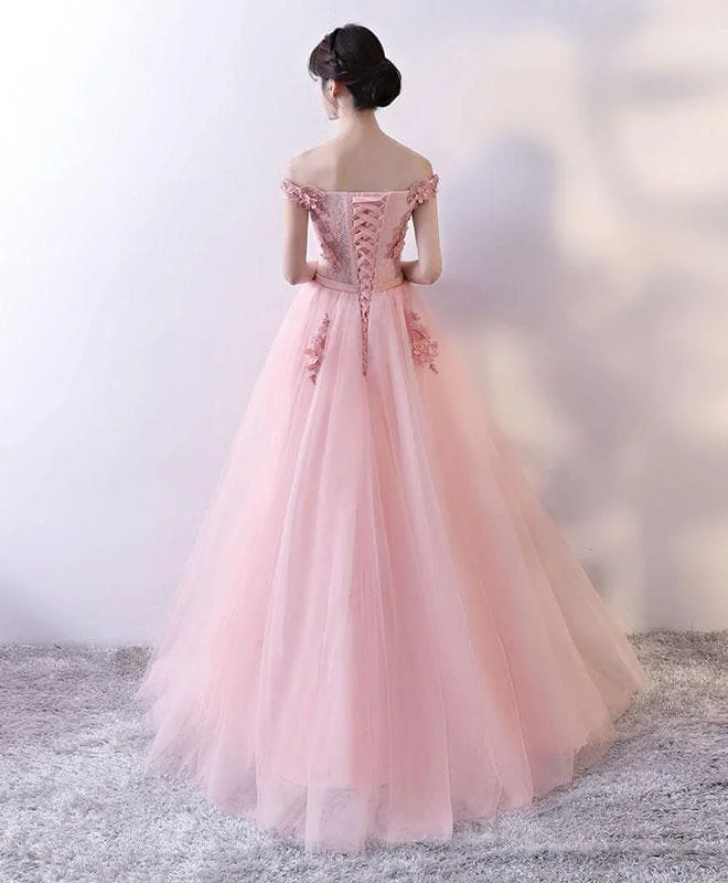 Pink Tulle Lace Long Prom Dress, Lace Evening Dress