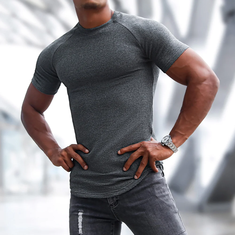 Men's Sports Short-sleeved Fitness Training T-shirt Running Top Casual Slim Round Neck Solid Color Cotton Bottoming Shir、、URBENIE