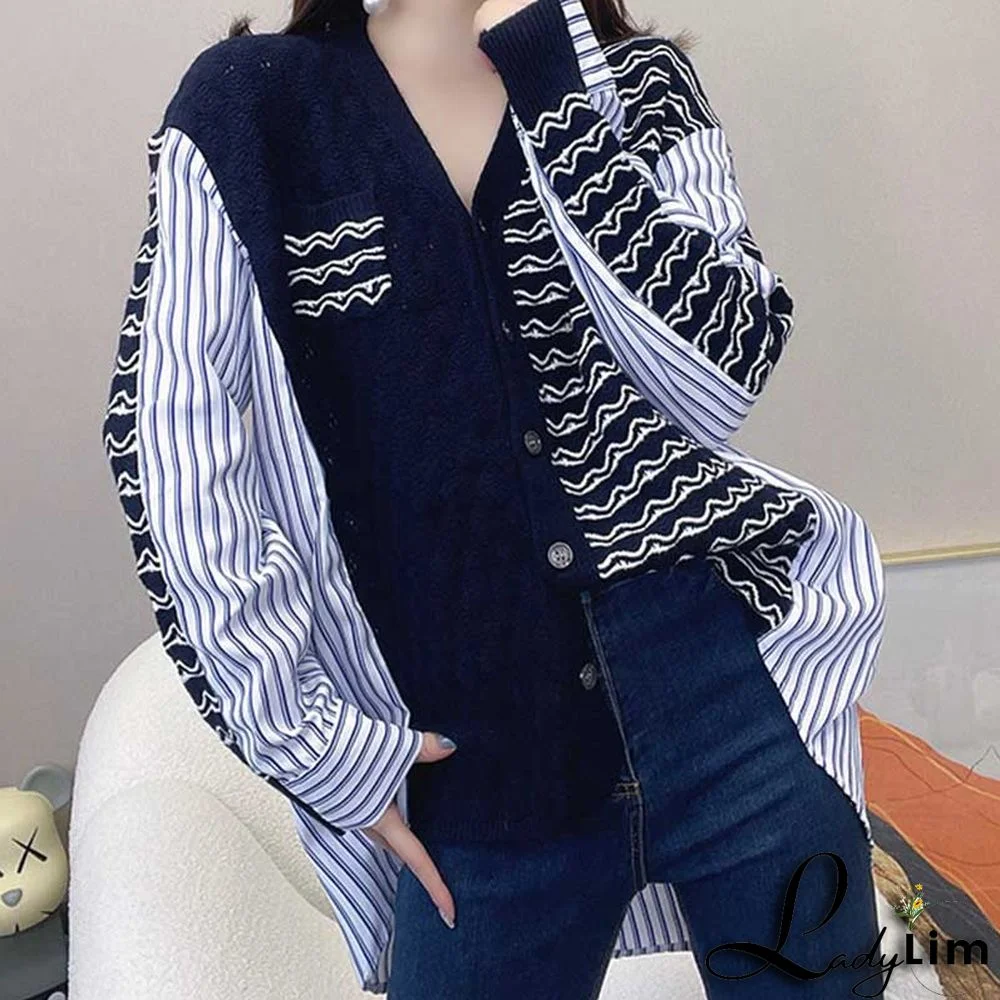 Colorblock Stripe Loose V-neck Cardigan Sweater Shirt