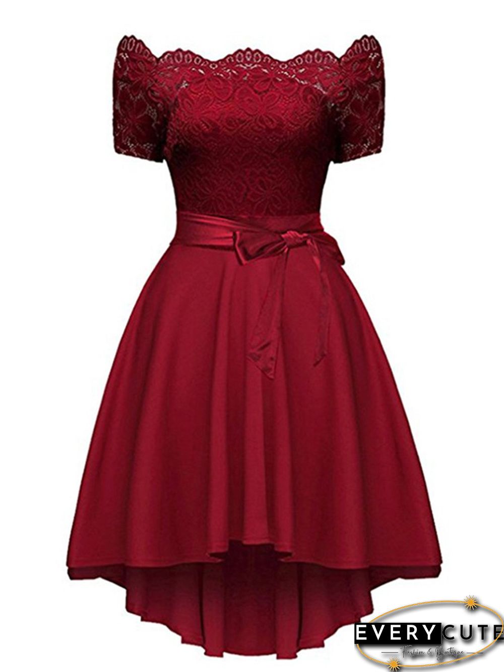 Elegant Red Lace Dress Women Patchwork Slash Neck Short Sleeve Sashes Tunic Dress Summer Ladies Sexy Evening Party Dresses