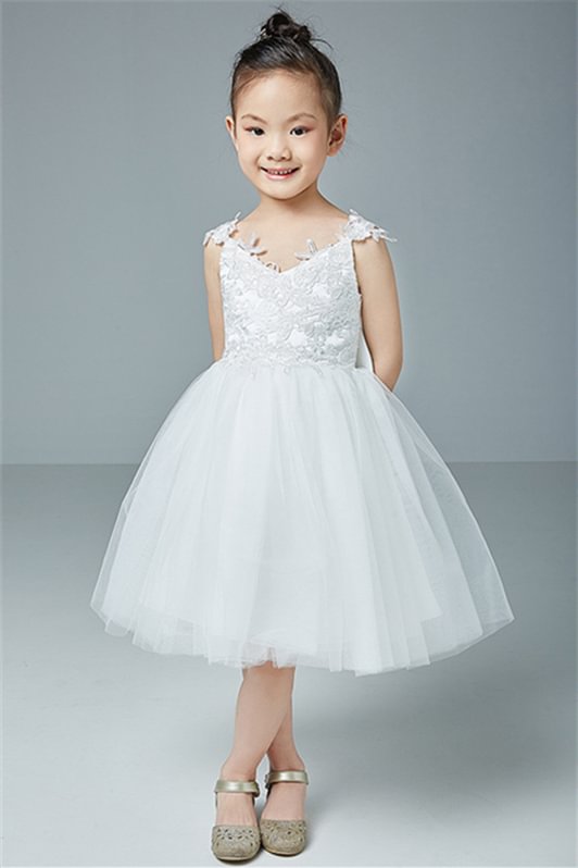 Luluslly White Tulle Flower Girl Dress Sleeveless Appliques Knee-Length