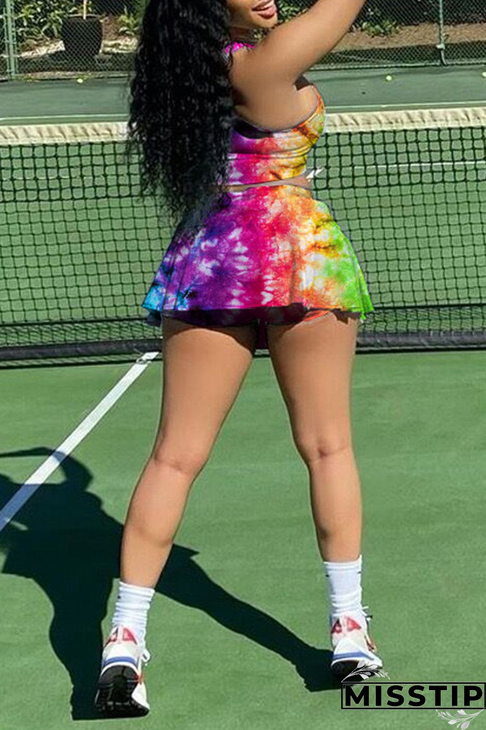 Green Yellow Sexy Casual Print Tie Dye Vests U Neck Sleeveless Two Pieces