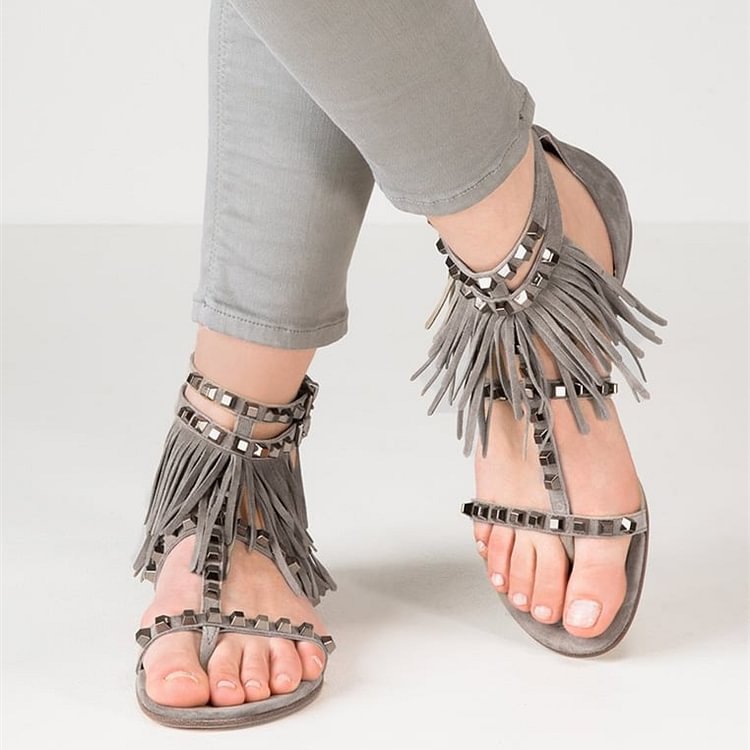 Grey T Strap Fringe Studded Sandals Open Toe Suede Flat Sandals |FSJ Shoes