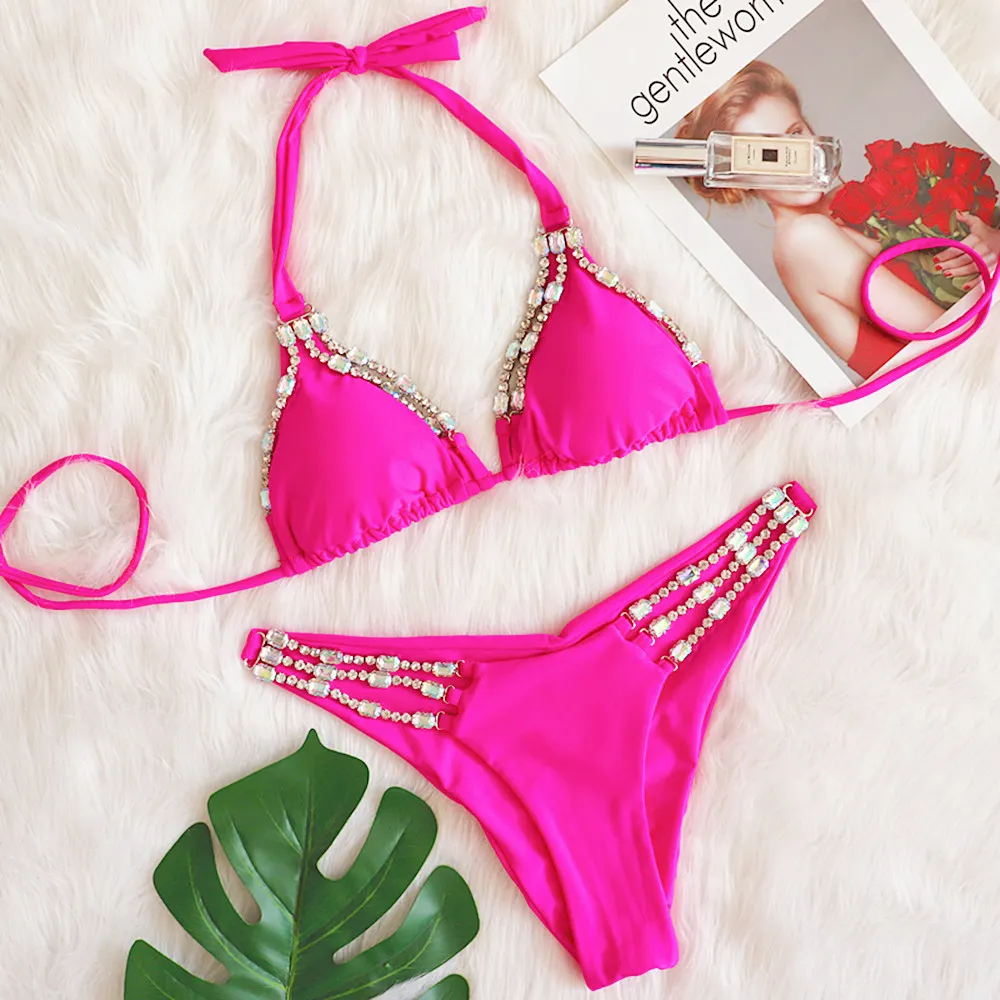 Uveng Uveng Sexy Metal Accessories Rhinestone Women's New Holiday Bikini Lace Swimwear