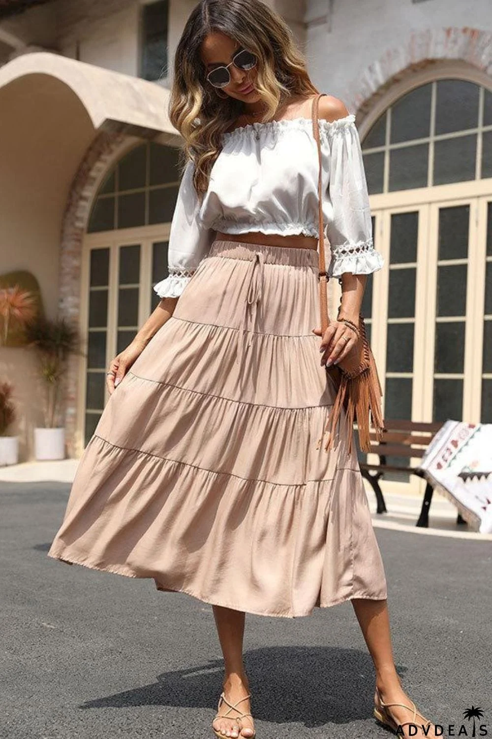 Elastic Waist Tiered Midi Skirt