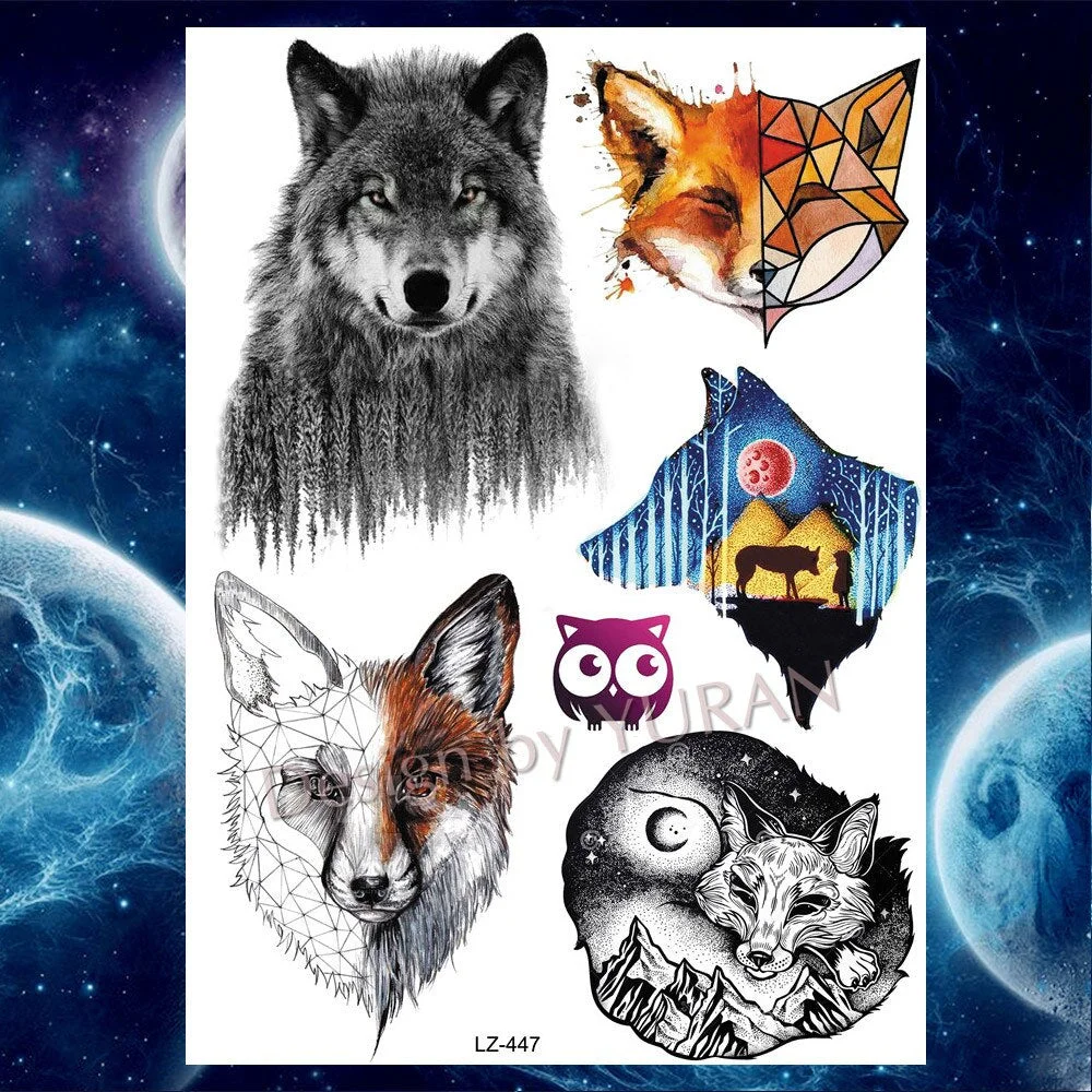 Tribal Forest Animals Black Galaxy Triangle Wolf Animals Temporary Tattoo Stickers Women Men Deer Tatoo Waterproof Arm Tattoos