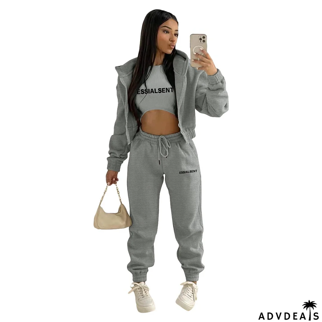 Women's Fashion Fleece Hoodies Letter Print Casual Set (Three-Piece)