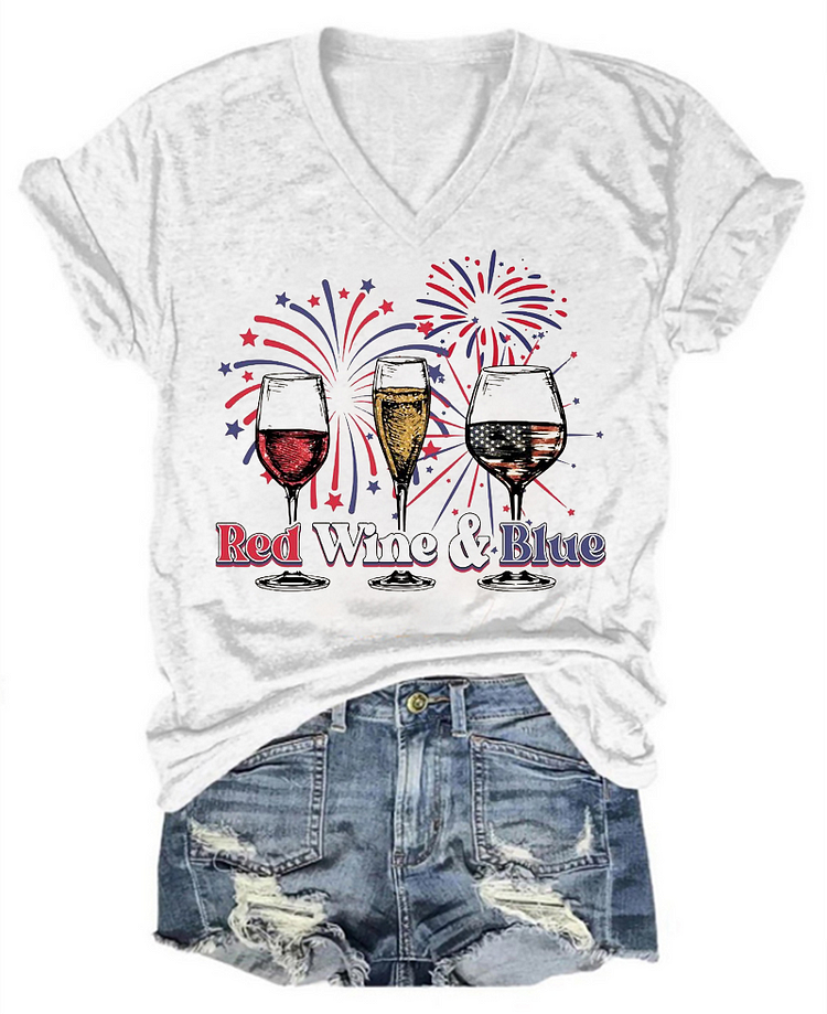 Women's Independence Day Red Wine And Blue Wine Glass Print V-Neck Casual T-Shirt socialshop