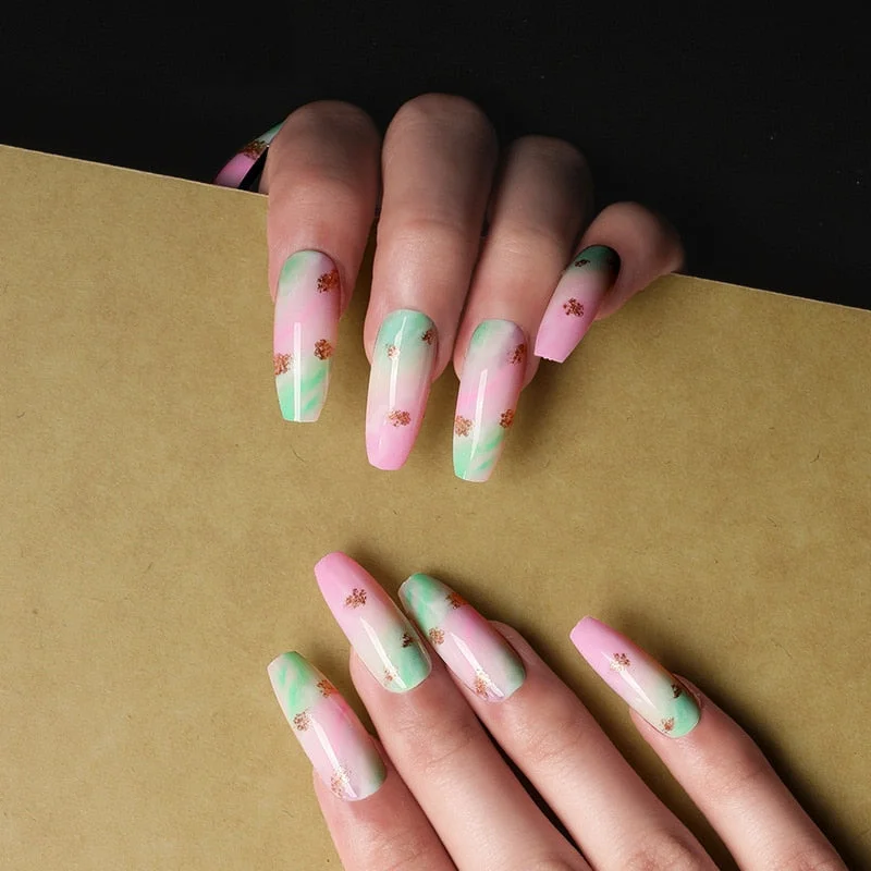 24pcs/box fake nails with glue designed colourful Gold thread rainbow paragraph press on nails coffin girls nail tips stick-on-Nail Inspo