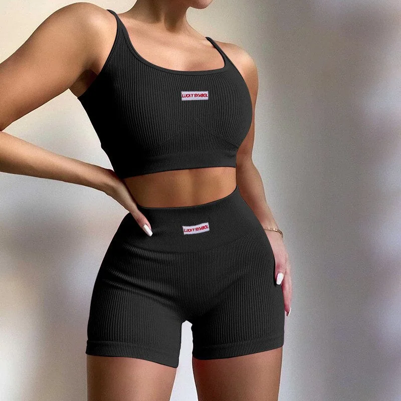 2021 Solid Letter Label Women's Two Pieces Set Knitting Ribbed Gym Casual Crop Camisole & Shorts Active Tracksuit Suits