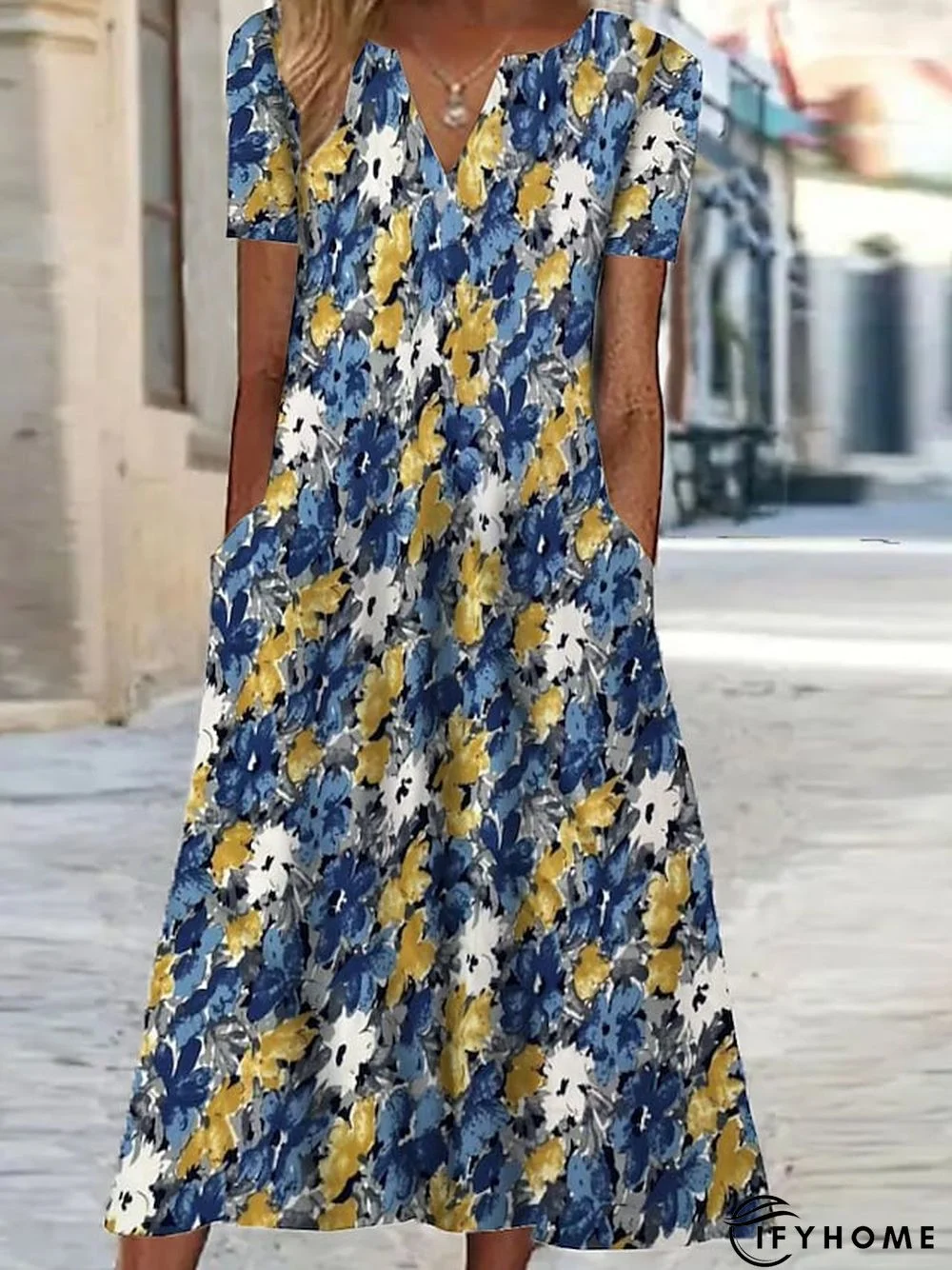 Women's Casual Dress Shift Dress Print Dress Floral Pocket Print V Neck Midi Dress Active Fashion Outdoor Vacation Short Sleeve Regular Fit Black Yellow Blue Spring Summer S M L XL XXL | IFYHOME