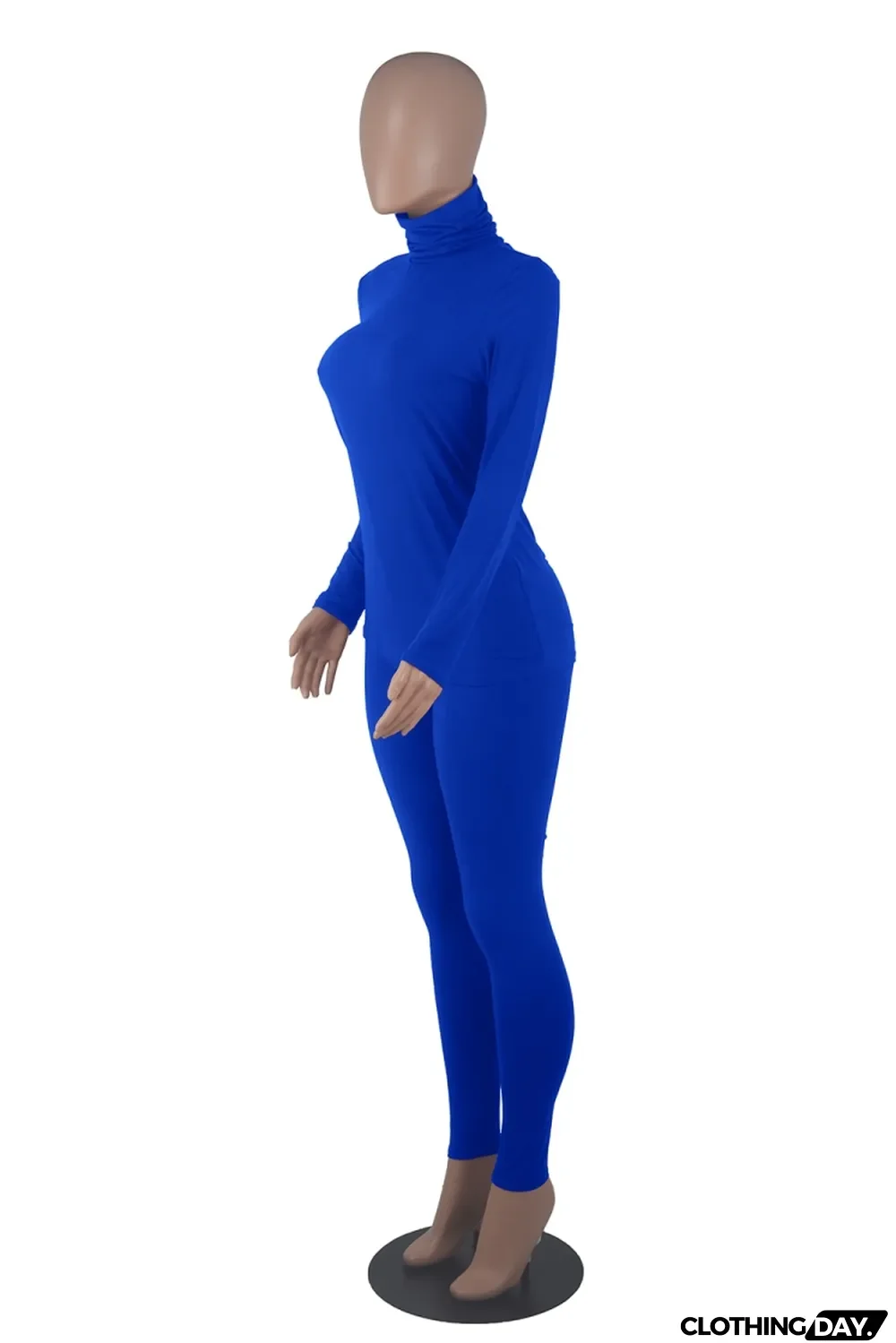 Autumn Casual Blue Turtleneck Shirt and Pants Matching Set