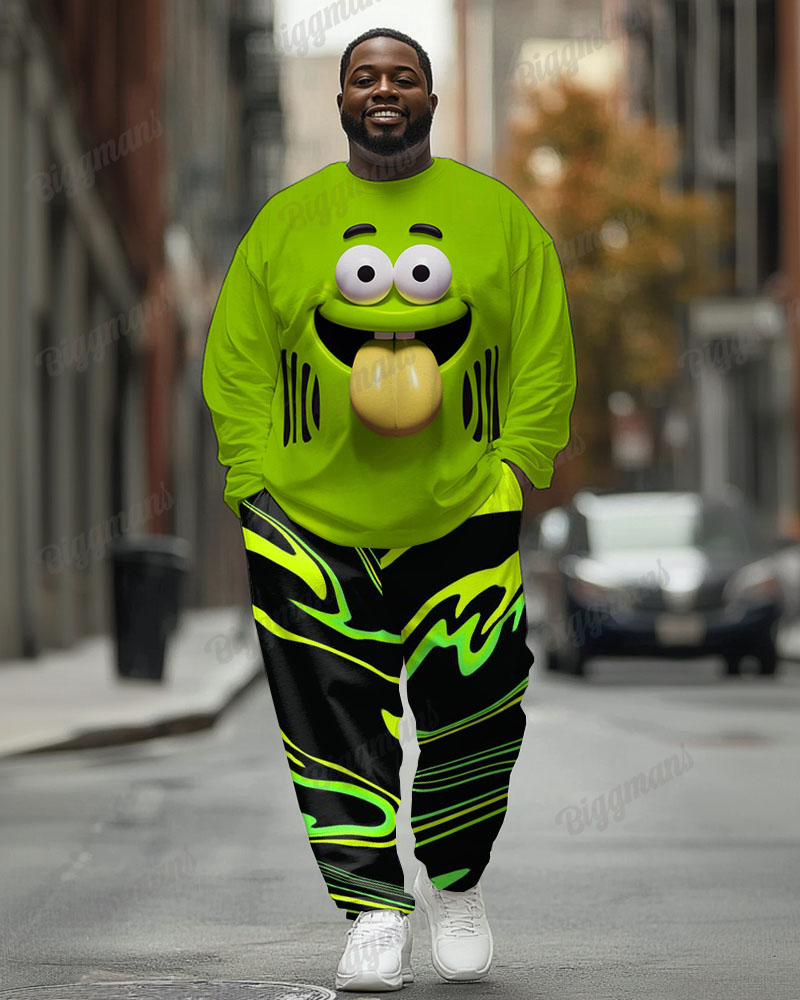 Men's Plus Size Fluorescent Green Fun Expression Print Long Sleeve T-Shirt Trousers Suit
