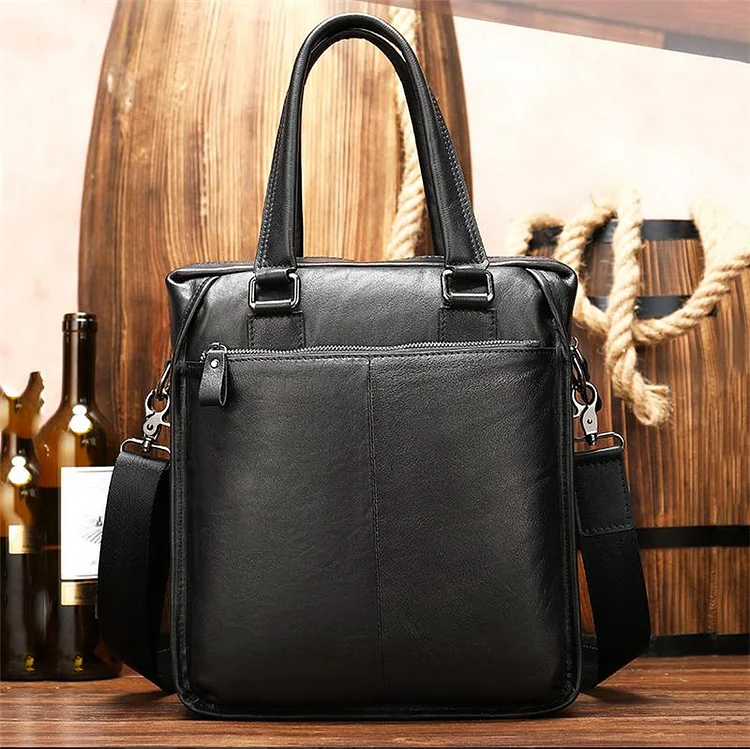 Soft Genuine Leather Dual Top-Handled Detachable Sling Strap Business Bag