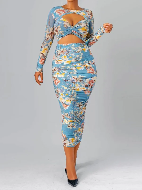 Floral Printed Hollow Long Sleeves Wrap Round-Neck Maxi Dresses