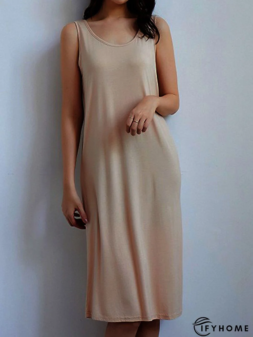 Vintage Plain Round Neck Sleeveless Casual Midi Knitting Dress | IFYHOME