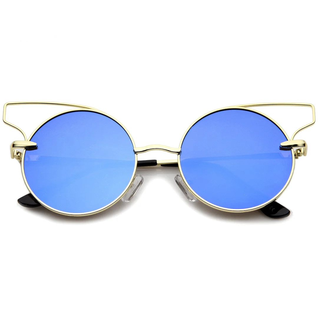 Women's Wire Open Metal Frame Color Mirror Flat Lens Round Cat Eye glasses 52mm