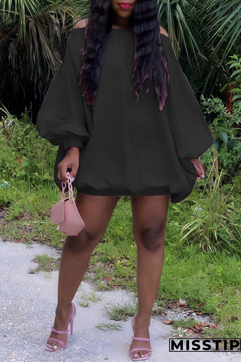 Pink Sexy Casual Solid Backless Off the Shoulder Long Sleeve Dresses