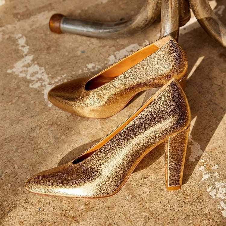 FSJ Gold Closed Toe Vintage Pumps Heels |FSJ Shoes