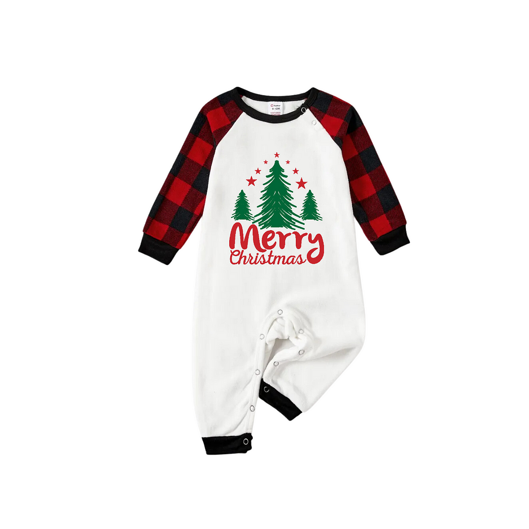 Merry Christmas Letter & Tree Printed Pattern White Long Sleeve Top And Red & Black Plaid Pants Family Matching Pajamas