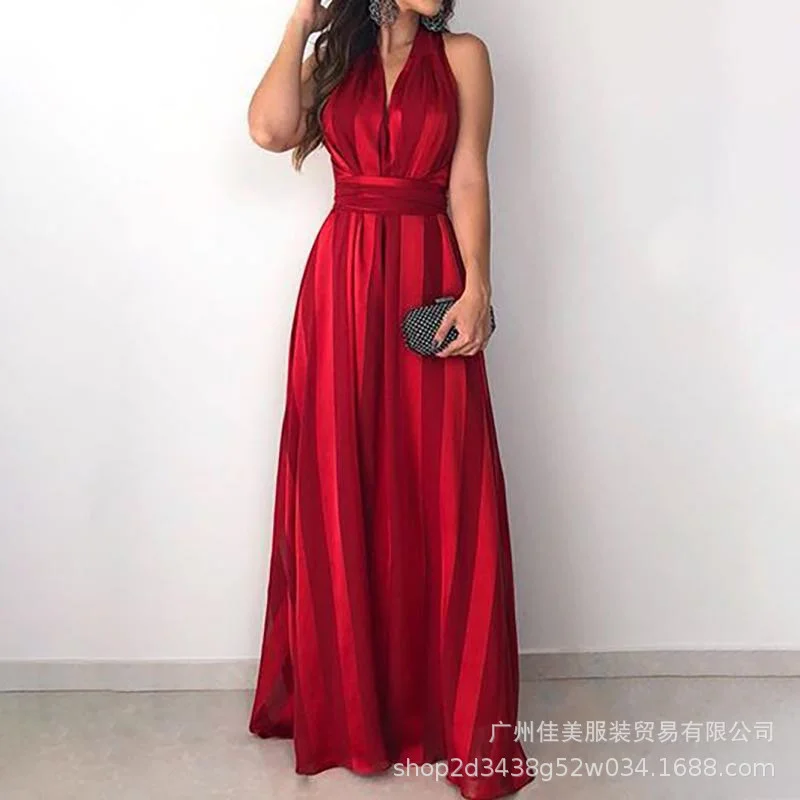 Ueong New Wish Spring And Summer Striped Straps V-Collar Sexy Evening Dress Women's Spot