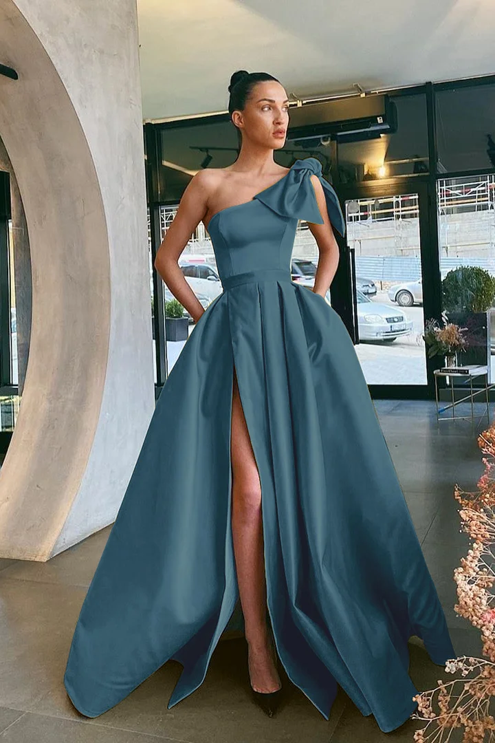 Daisda Gold Split One-Shoulder Prom Dress With Pockets