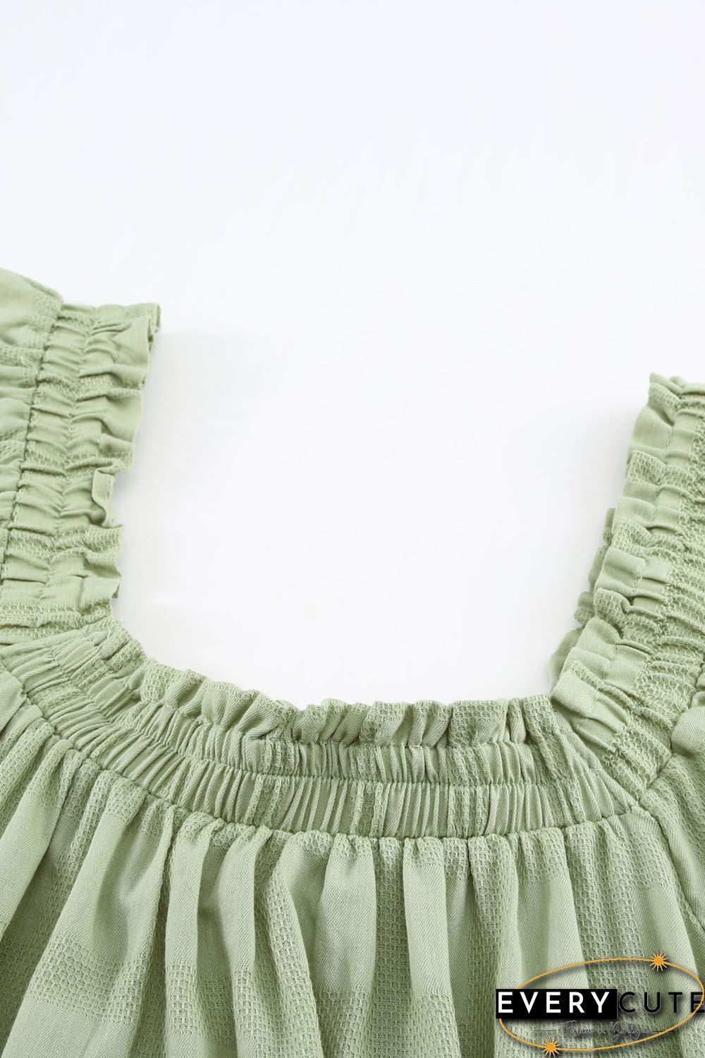 Green Square Neck Jacquard Short Sleeves Top