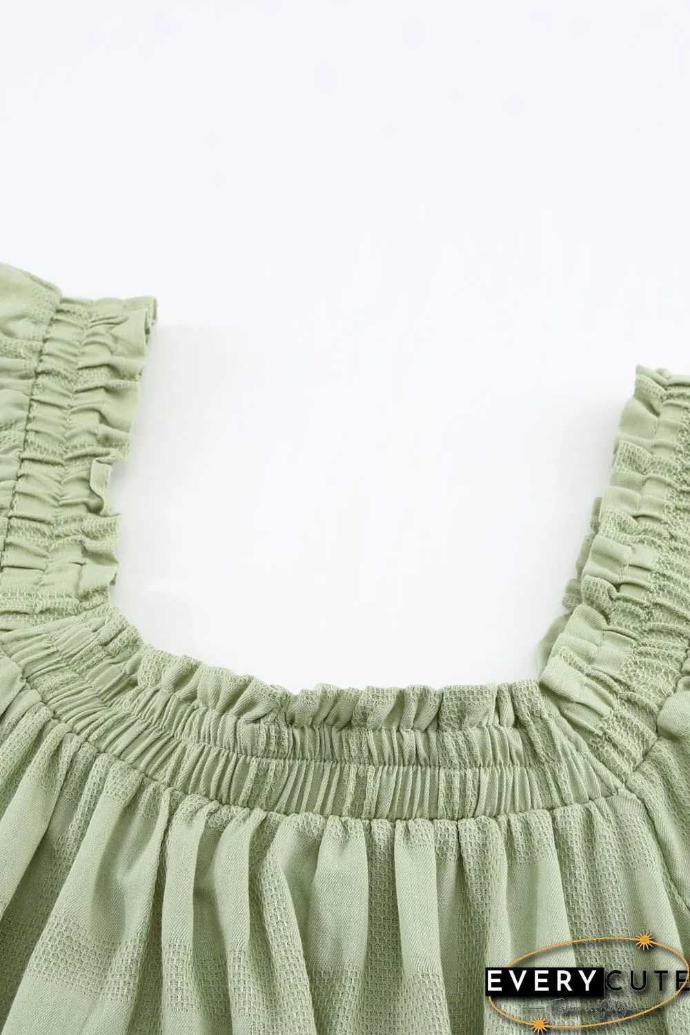 Green Square Neck Jacquard Short Sleeves Top