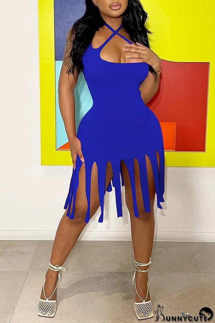 Blue Sexy Solid Tassel Split Joint Pencil Skirt Dresses