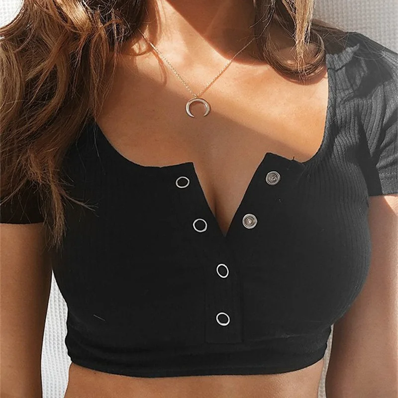 Ueong Ueong Summer Ebay Wish Hot Selling Short Sleeve Women Multi-Color Sexy Crop Button T-Shirt Women's Wear