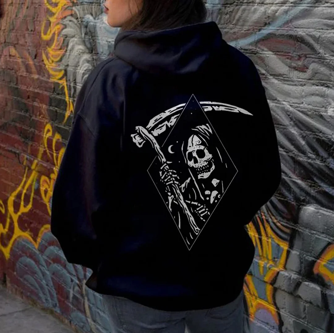 Grim Reaper Skull Modern Graphic  Black Print Hoodie