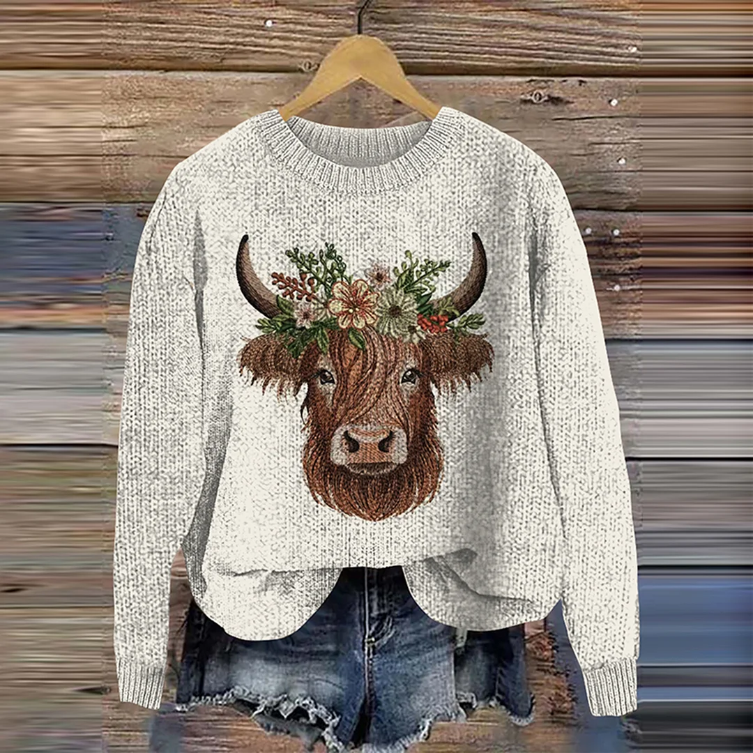 Funny Highland Cow Embroidery Art Print Knitted Pullover Sweater
