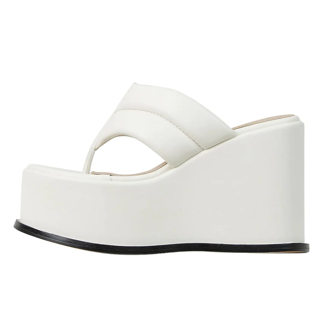 White Open Round Toe Wedge Heel Platform Flip Flops Mules Shoes