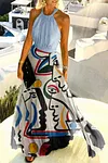 Fashion Patchwork Abstract Face Print Halter Sleeveless Maxi Dress