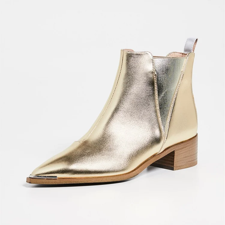 Metallic Gold Chelsea Boots Pointy Toe Slip-On Chunky Heel Booties |FSJ Shoes
