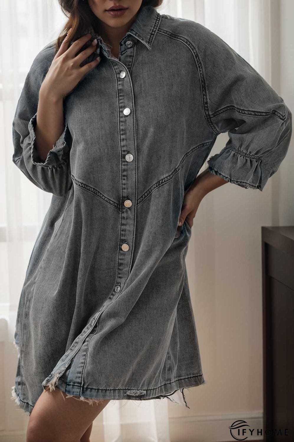 down loose short sleeve denim jean dress drop shoulder a line paneled peasant closed bateau v neck dress | IFYHOME