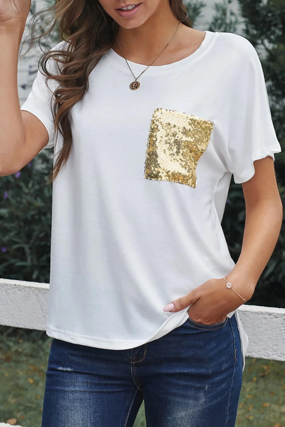 Sequin Pocket White Short Sleeve T-shirt | IFYHOME