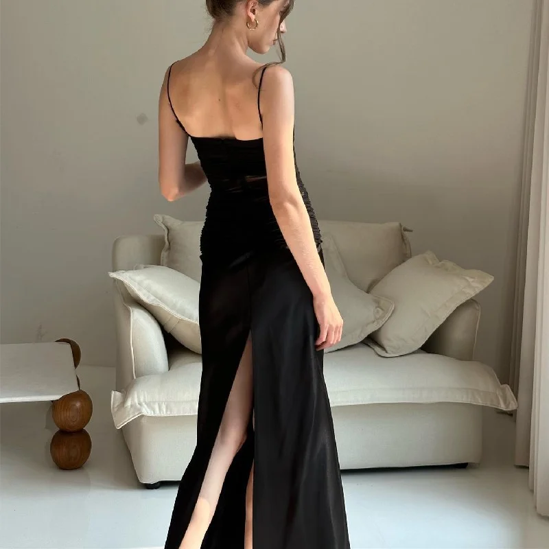 Uveng Uveng New Light Ripe Wind Mesh Perspective High Waist Slit Slim Strapless Condole Dress Female