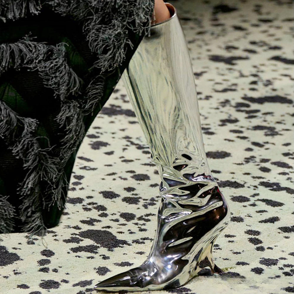 GOOSHOE Silver Patent Women Knee High Boots Thin Heel Strange Wedges Shoes Pointed ToeWomen's Stage Long Booties