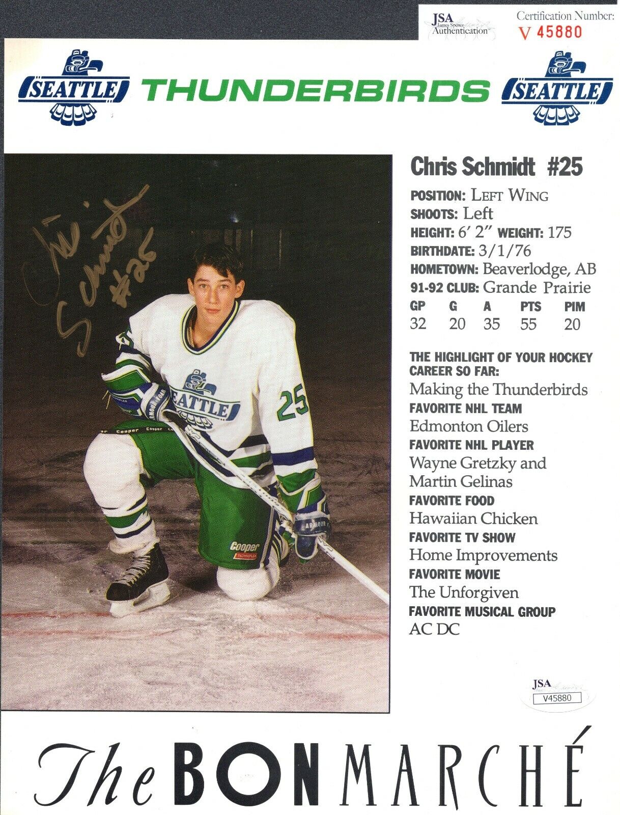 JSA Chris Schmidt Autographed Signed 8x10 Photo Poster painting Seattle Thunderbirds TRB 319